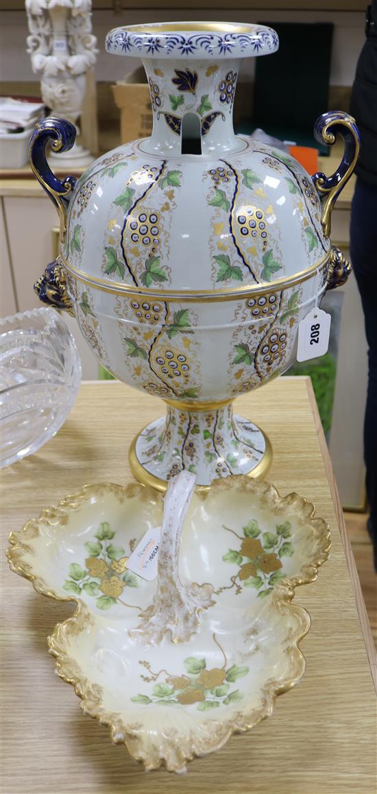 A Davenport stone china sectional vase and a Limoges hors doeuvres dish vase height 48cm